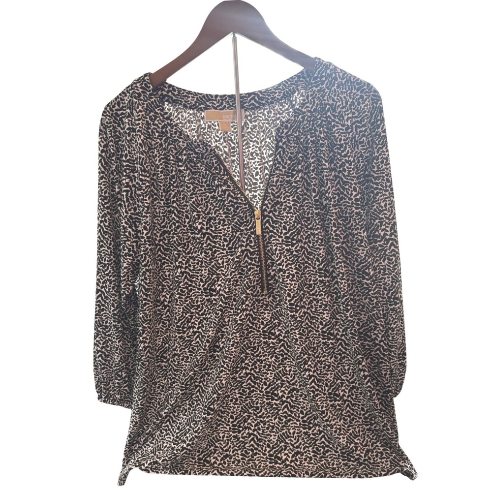 MICHAEL KORS 1X Black Animal Print Zipper Neck Long Sleeve Top Tunic